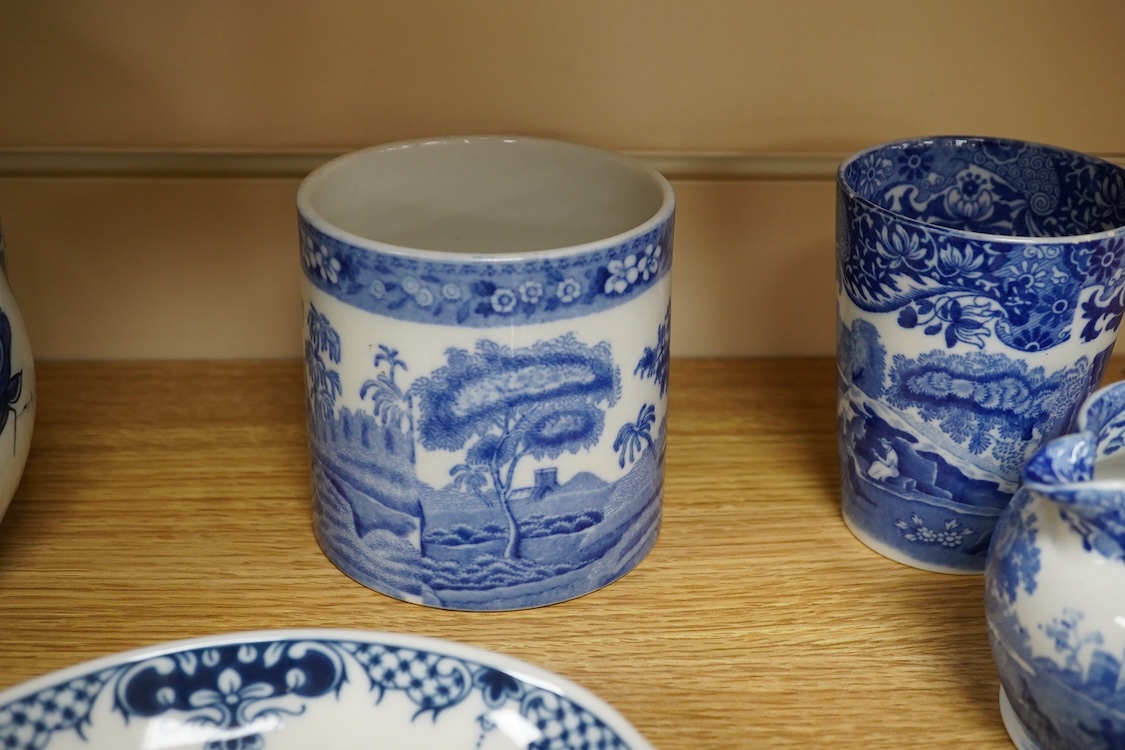 An 18th century Delft jug, another tin glazed dish, a Worcester Hanbury dish and five pieces of Copeland Spode Italian blue and white, tallest 22.5cm